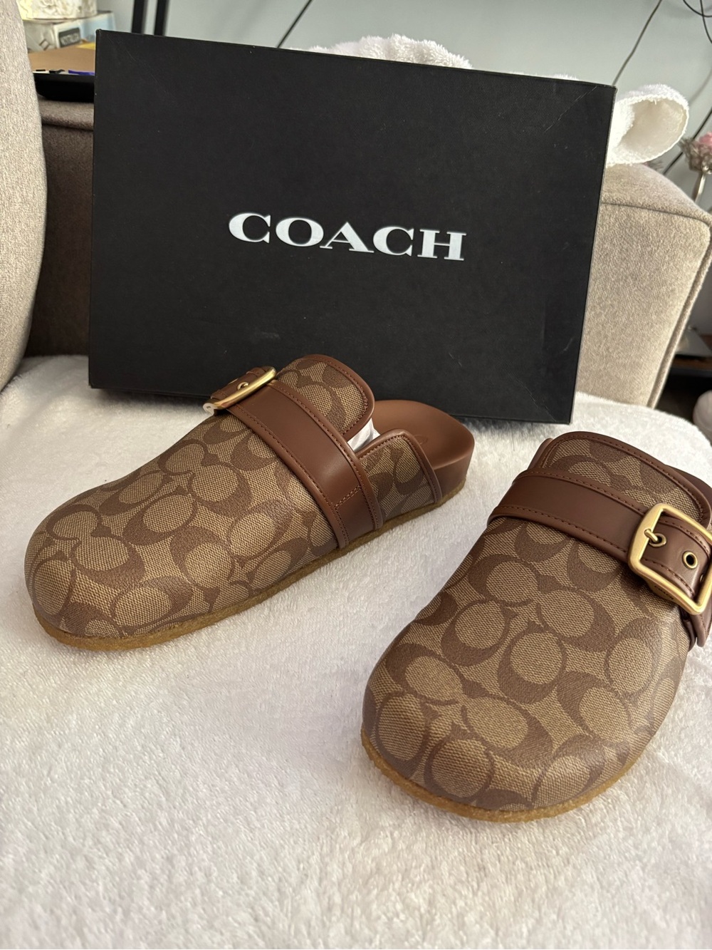 Coach Brown Signature Logo Slide Clogs with Buckle